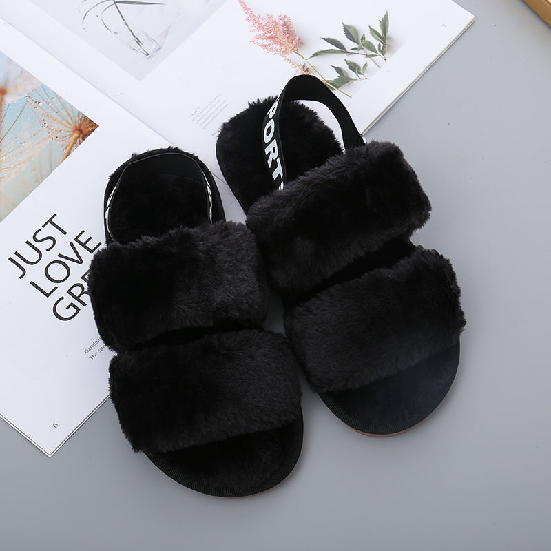 Faux Fur Open Toe Slippers-Jewearrings