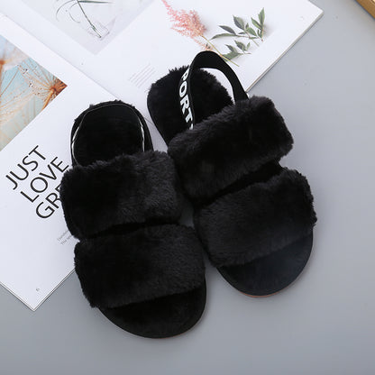 Faux Fur Open Toe Slippers-Jewearrings