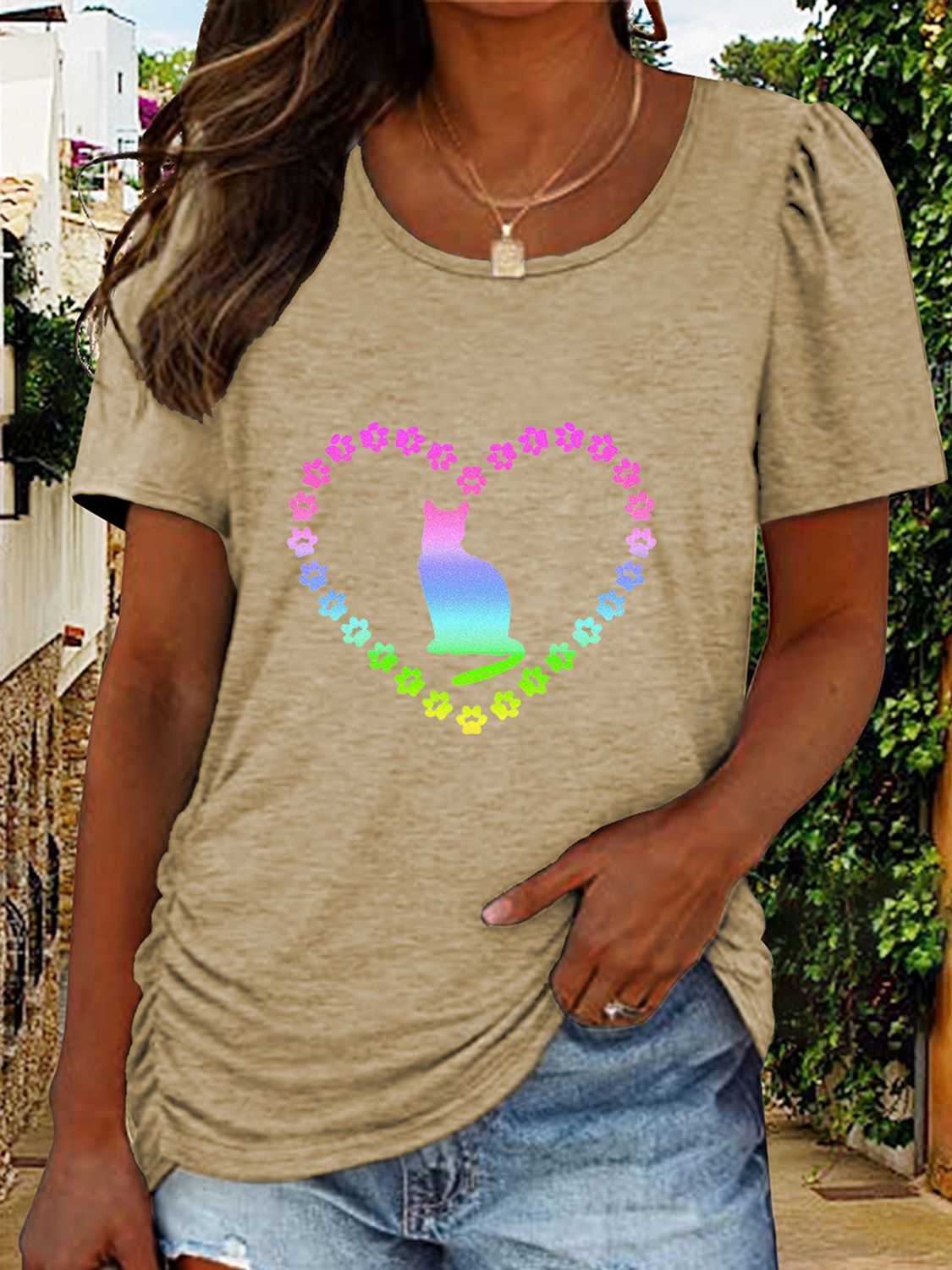 Full Size Cat Heart Graphic Short Sleeve T-Shirt-Jewearrings