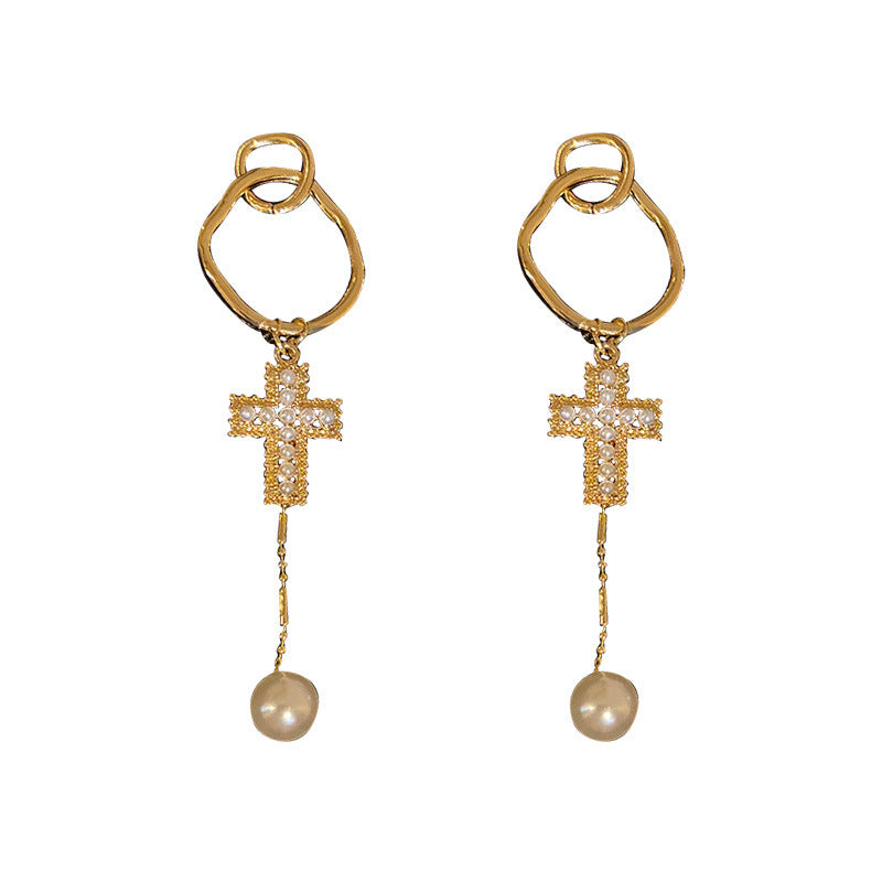 Silver Post Pearl Cross Tassel Geometric Earrings-Jewearrings