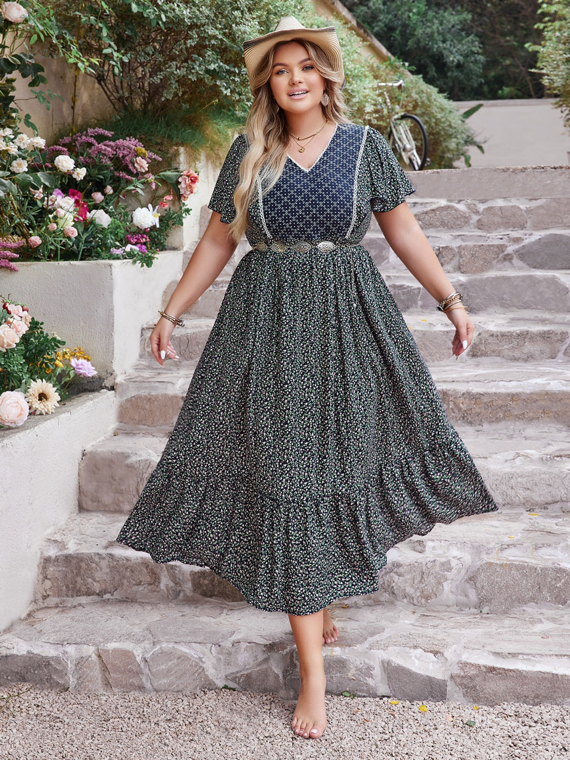 Plus Size Printed V-Neck Flutter Sleeve Midi Dress-Jewearrings