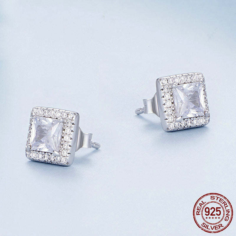 S925 Sterling Silver White Gold Plated Light Luxury Square Zircon Stud Earrings-Jewearrings