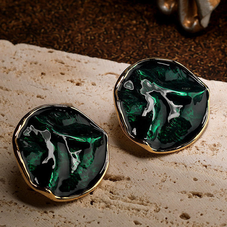 Female Cangling Green Round Hill Surface Silver Pin Earrings-Jewearrings