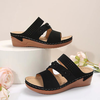 Flower PU Leather Wedge Sandals-Jewearrings