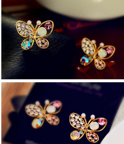 Pearl Butterfly Stud Earrings Colorful Necklace Temperament Stud Earrings-Jewearrings