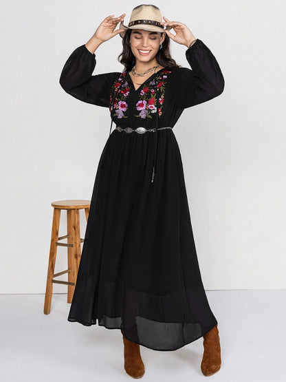 Plus Size Embroidered Tie Neck Long Sleeve Dress-Jewearrings