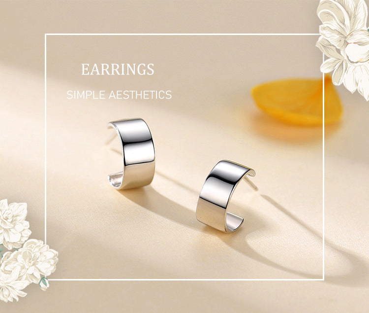 S925 Sterling Silver Glossy C-Shaped Stud Earrings-Jewearrings