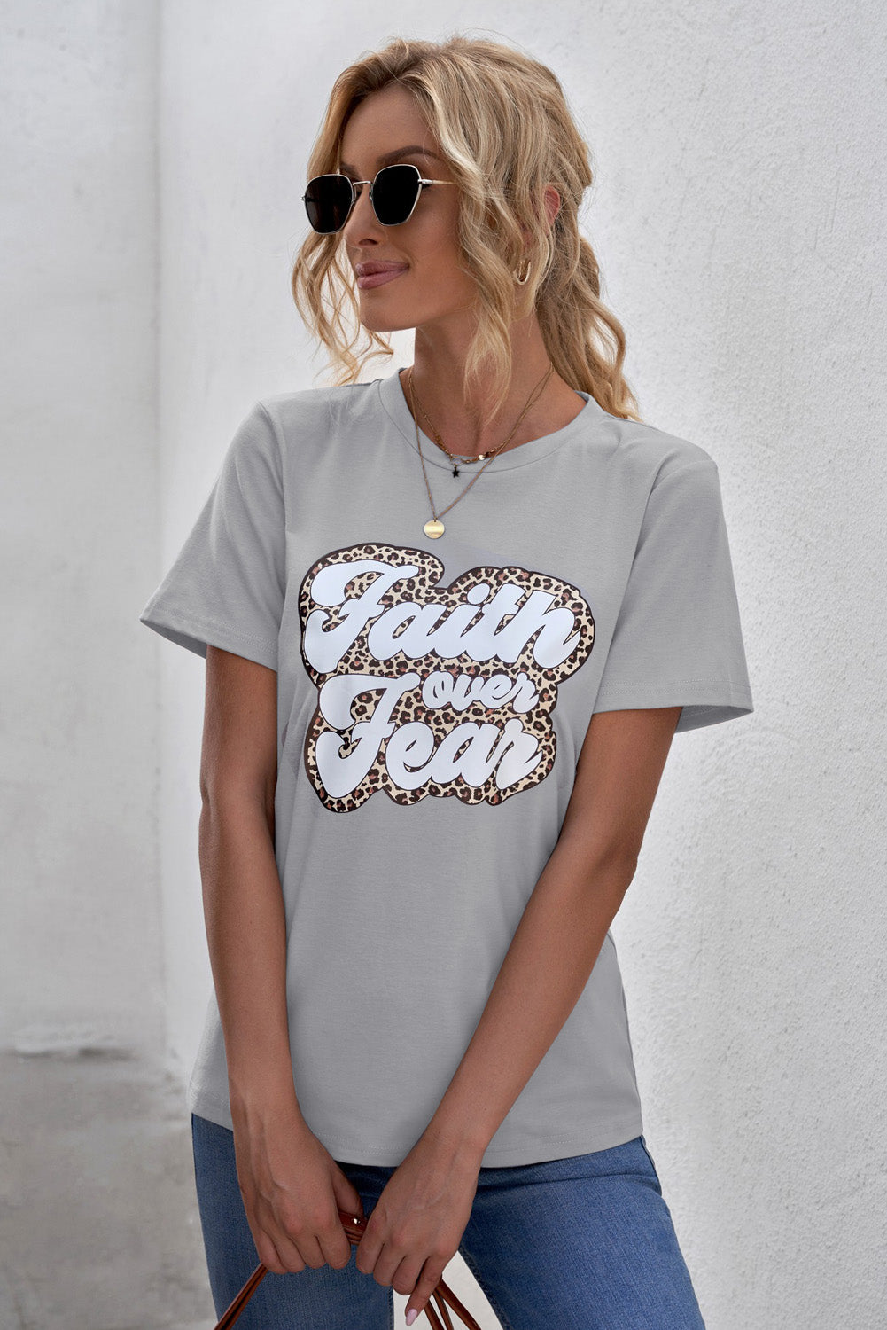 FAITH OVER FEAR Graphic Round Neck Tee-Jewearrings