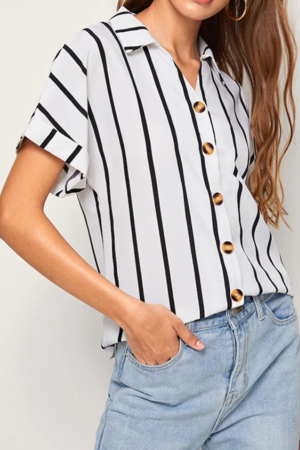 Striped Button Up Short Sleeve Shirt-Jewearrings