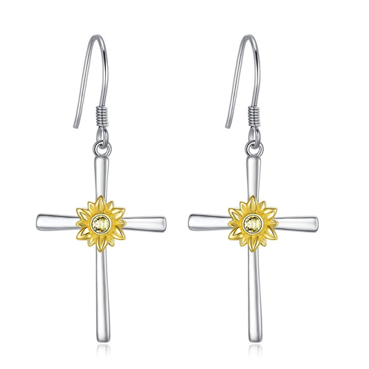 Sunflower Earrings Sterling Silver Cross Dangle Drop Hooks Earrings Sunflower Flower Jewelry Gifts for Women Teens Birthday-Jewearrings