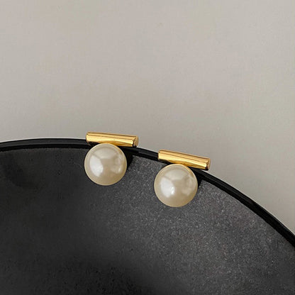 Women's Metal Pearl Stud Earrings-Jewearrings