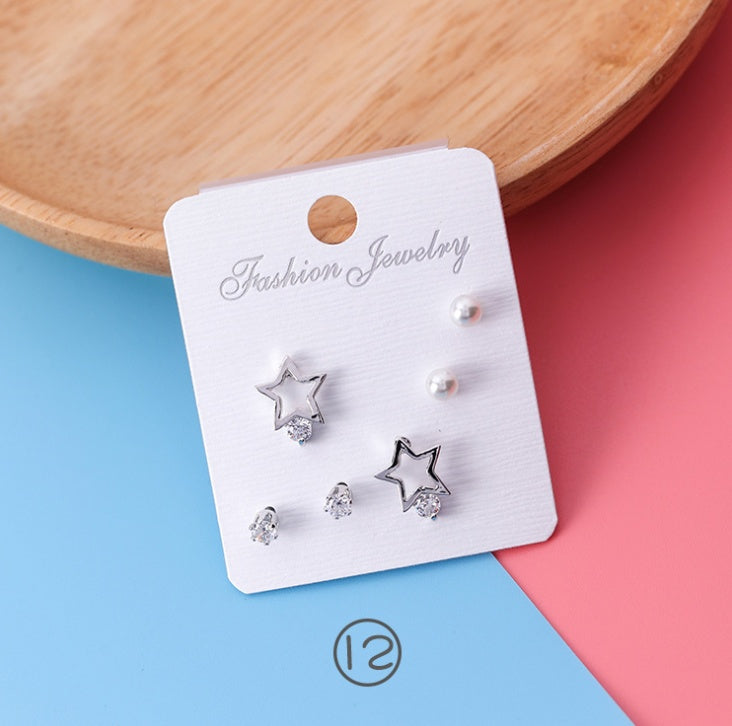 Japan and South Korea mini series set bow earrings 6 sets of stars flowers shine zircon earrings small ear bone nails-Jewearrings