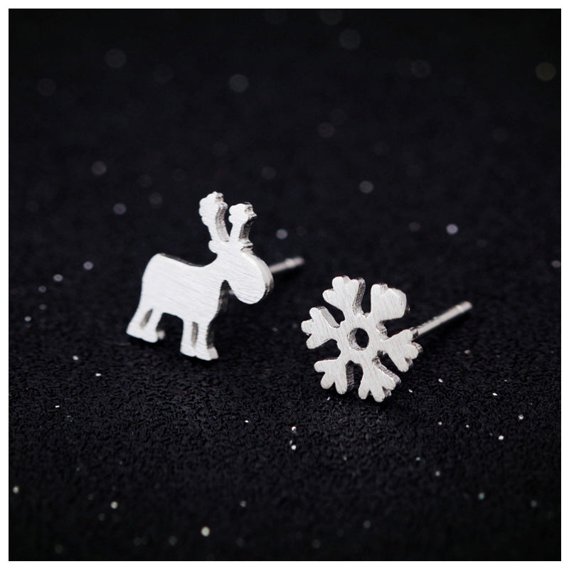 S925 Silver Asymmetric Brushed Elk Pattern Snowflake Stud Earrings-Jewearrings