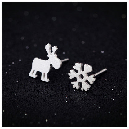 S925 Silver Asymmetric Brushed Elk Pattern Snowflake Stud Earrings-Jewearrings