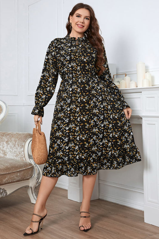 Melo Apparel Plus Size Floral Flounce Sleeve Midi Dress-Jewearrings