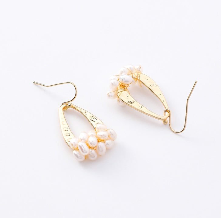 Pearl earrings-shaped metal ring water droplets handmade beaded ear hook temperament small ear hook female-Jewearrings