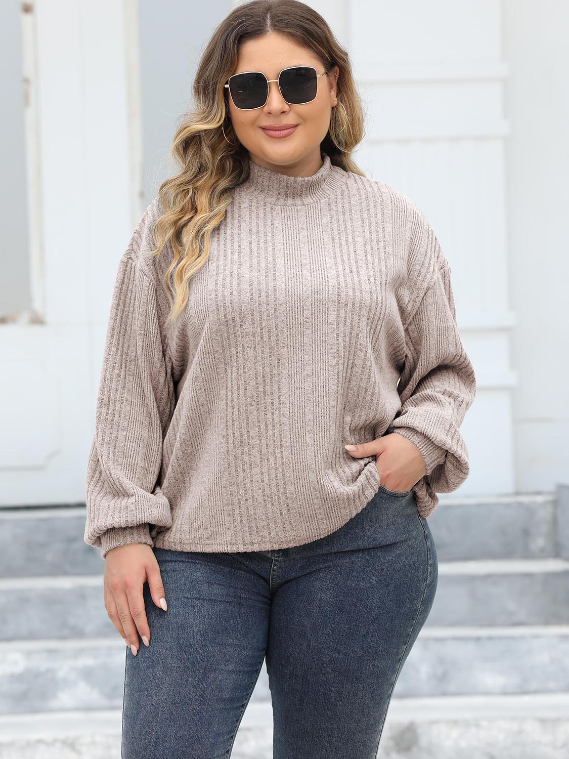 Plus Size Mock Neck Long Sleeve Knit Top-Jewearrings