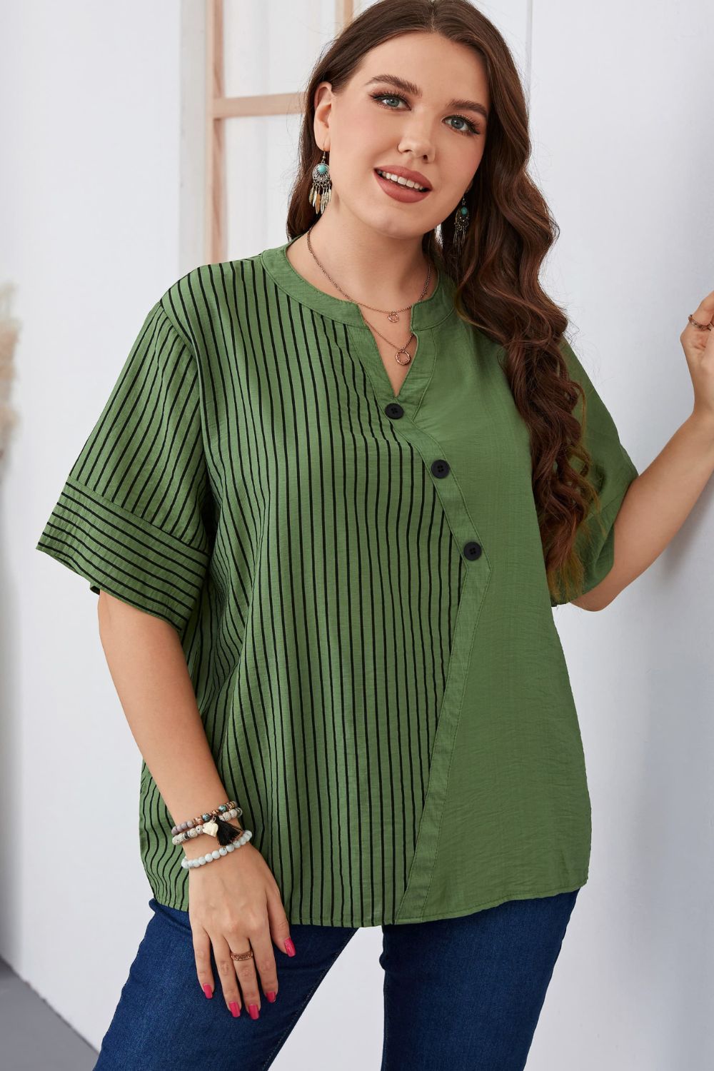 Plus Size Striped Notched Neck Half Sleeve Top-Jewearrings