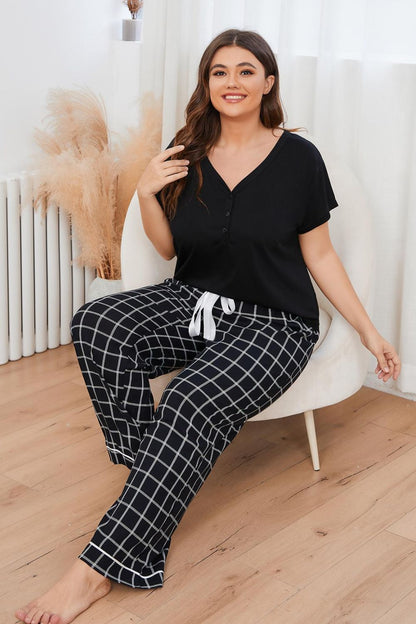 Plus Size V-Neck Top and Plaid Pants Lounge Set-Jewearrings