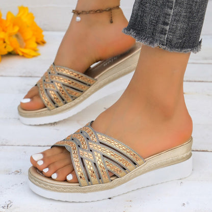 Rhinestone Open Toe Wedge Sandals-Jewearrings