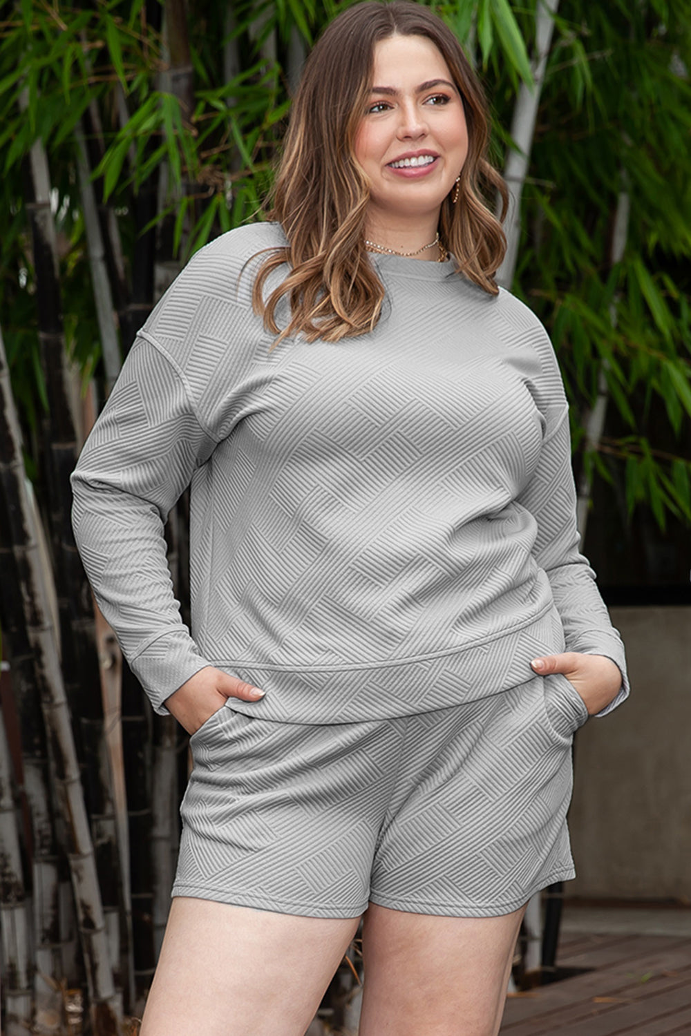 Plus Size Long Sleeve Top and Shorts Set-Jewearrings