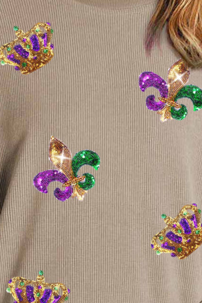 Mardi Gras Sequin Round Neck Dropped Shoulder Sweatshirt-Jewearrings