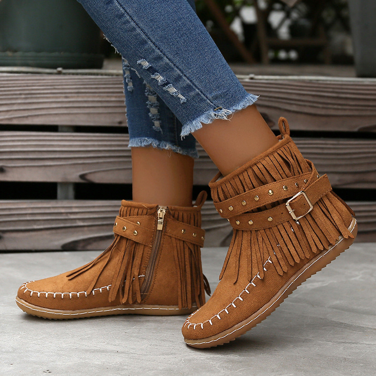 Studded Fringe Round Toe Boots-Jewearrings