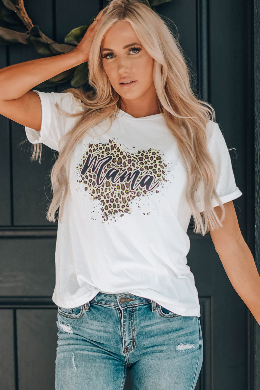 MAMA Leopard Heart Graphic Tee Shirt-Jewearrings