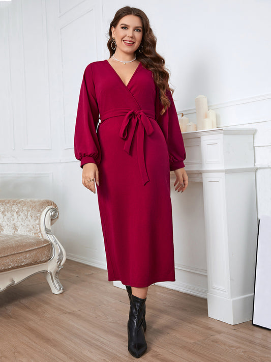 Plus Size Surplice Neck Tie Waist Dress-Jewearrings