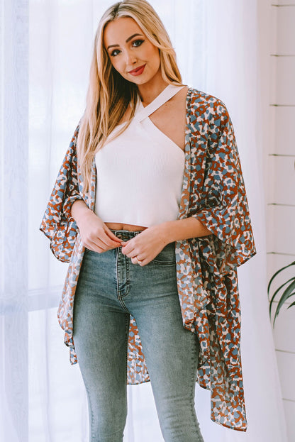 Printed Open Front Three-Quarter Sleeve Cover Up-Jewearrings