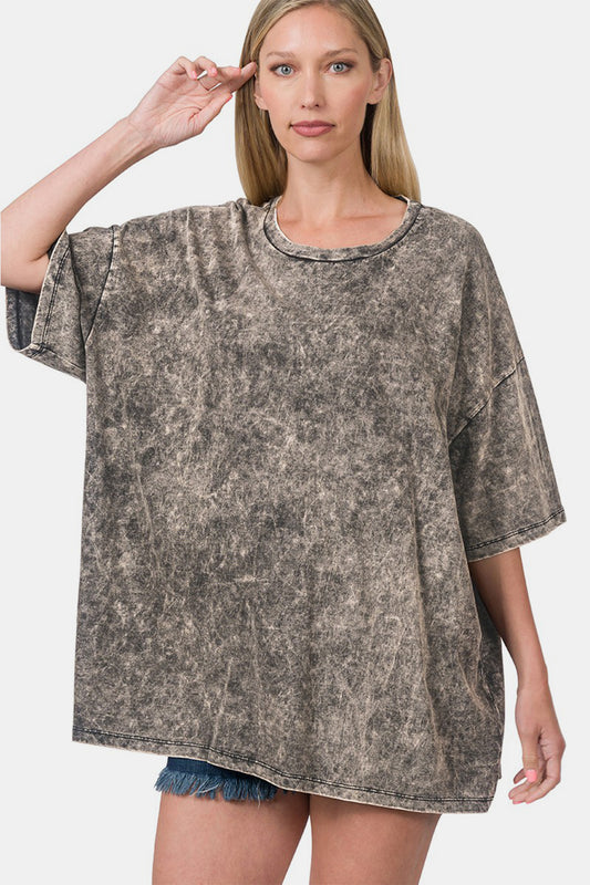 Zenana Washed Round Neck Drop Shoulder Oversized T-Shirt-Jewearrings