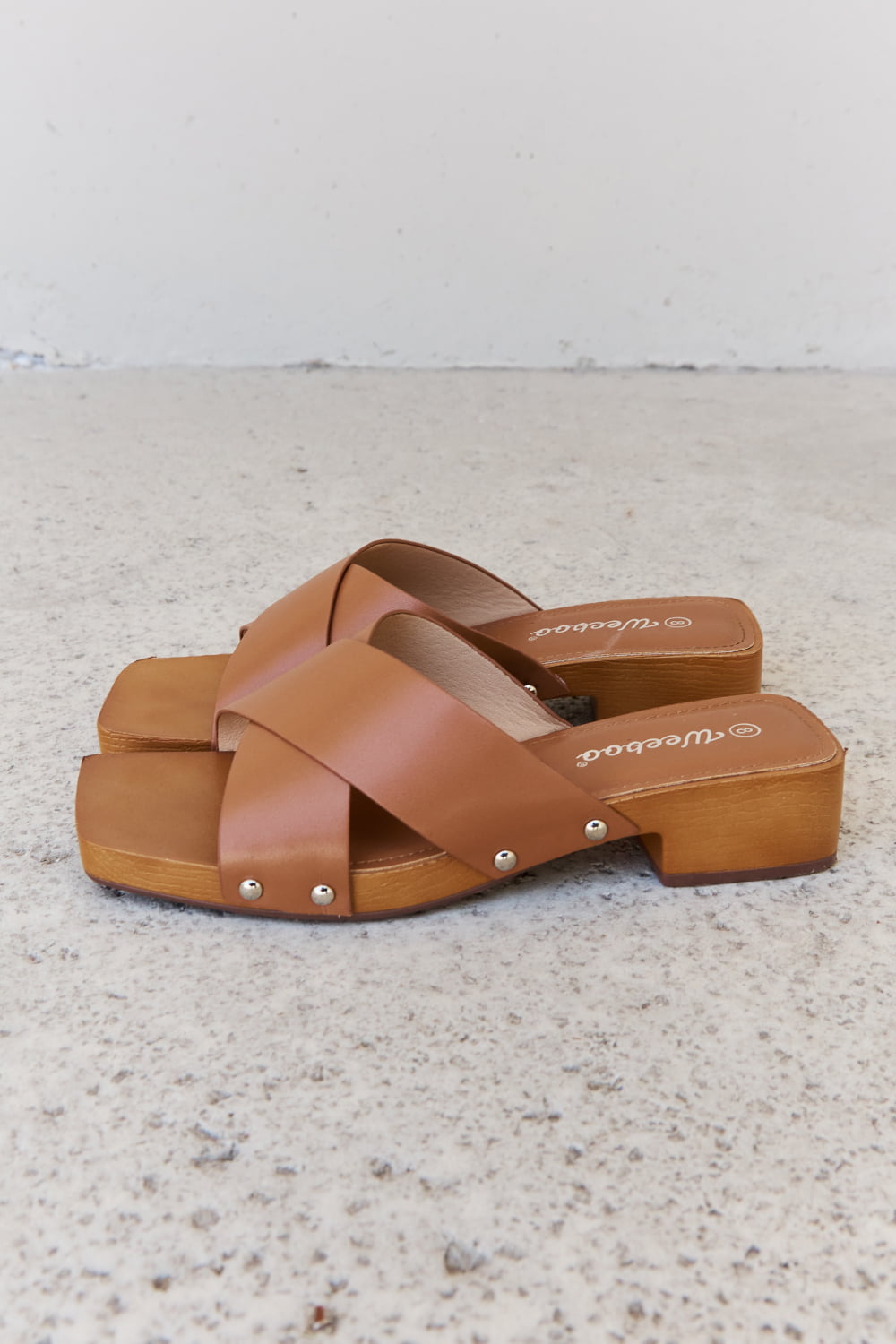 Weeboo Step Into Summer Criss Cross Wooden Clog Mule in Brown-Jewearrings