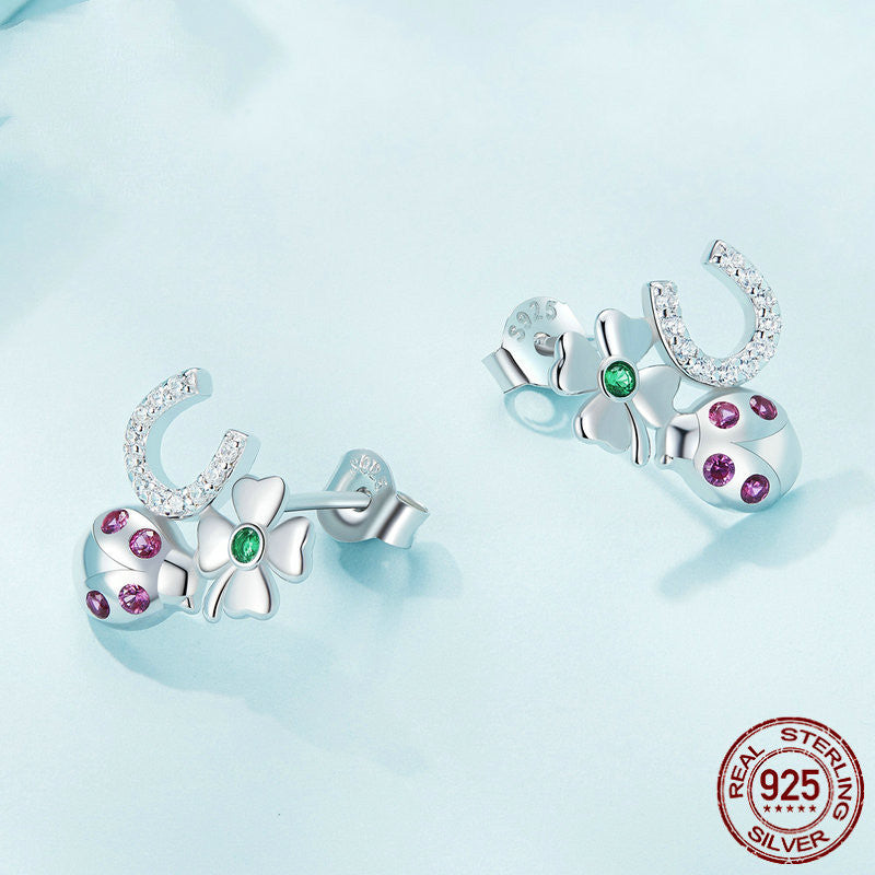 S925 Sterling Silver Lucky Combination Earrings Plated With Platinum Zircon-Jewearrings