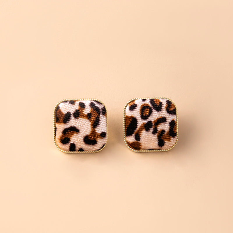 Fashion Square Leopard Print Corduroy Stud Earrings For Women-Jewearrings