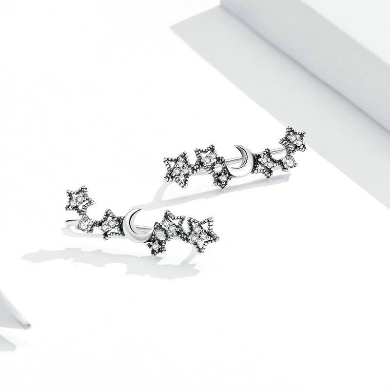 Shining Star And Moon Silver Simple Inlaid Zircon Earrings Women-Jewearrings