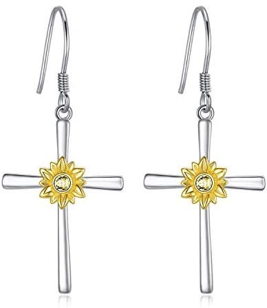 Sunflower Earrings Sterling Silver Cross Dangle Drop Hooks Earrings Sunflower Flower Jewelry Gifts for Women Teens Birthday-Jewearrings