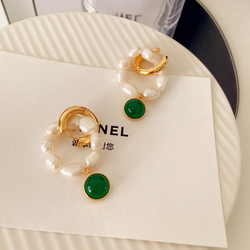 Gold Earrings Temperament Retro Glass Green-Jewearrings