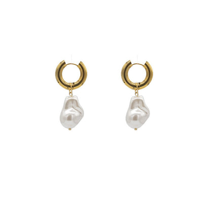 Irregular Earrings Glossy Golden Ring Earrings Pearl Pendant Earrings-Jewearrings