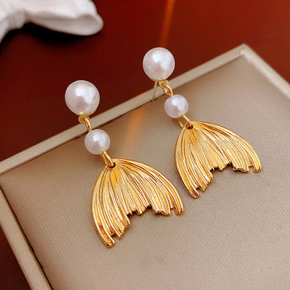 Silver Needle Fishtail Pearl Tassel Simple Earrings-Jewearrings