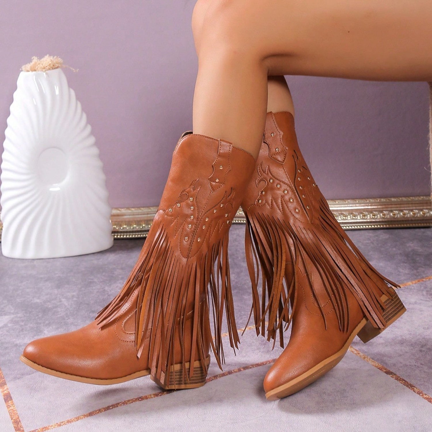 Studded Fringe PU Leather Boots-Jewearrings