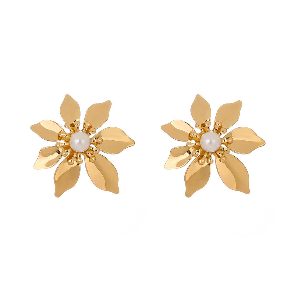 Pure White Pearl Metal Petal Temperament Fashion Ladies Earrings-Jewearrings