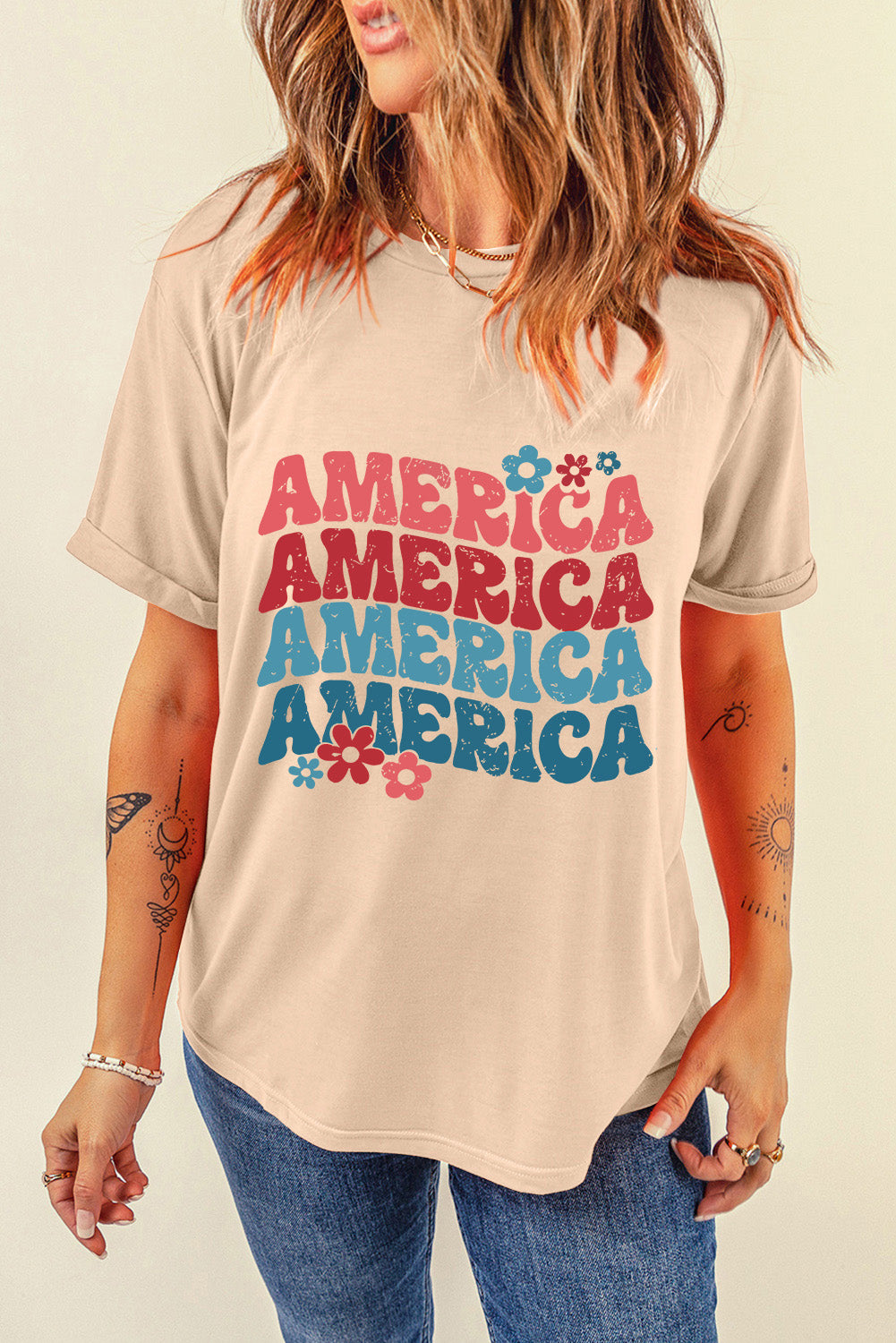 AMERICA Round Neck Short Sleeve T-Shirt-Jewearrings