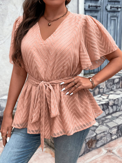 Plus Size V-Neck Flutter Sleeve Tie Waist Blouse-Jewearrings