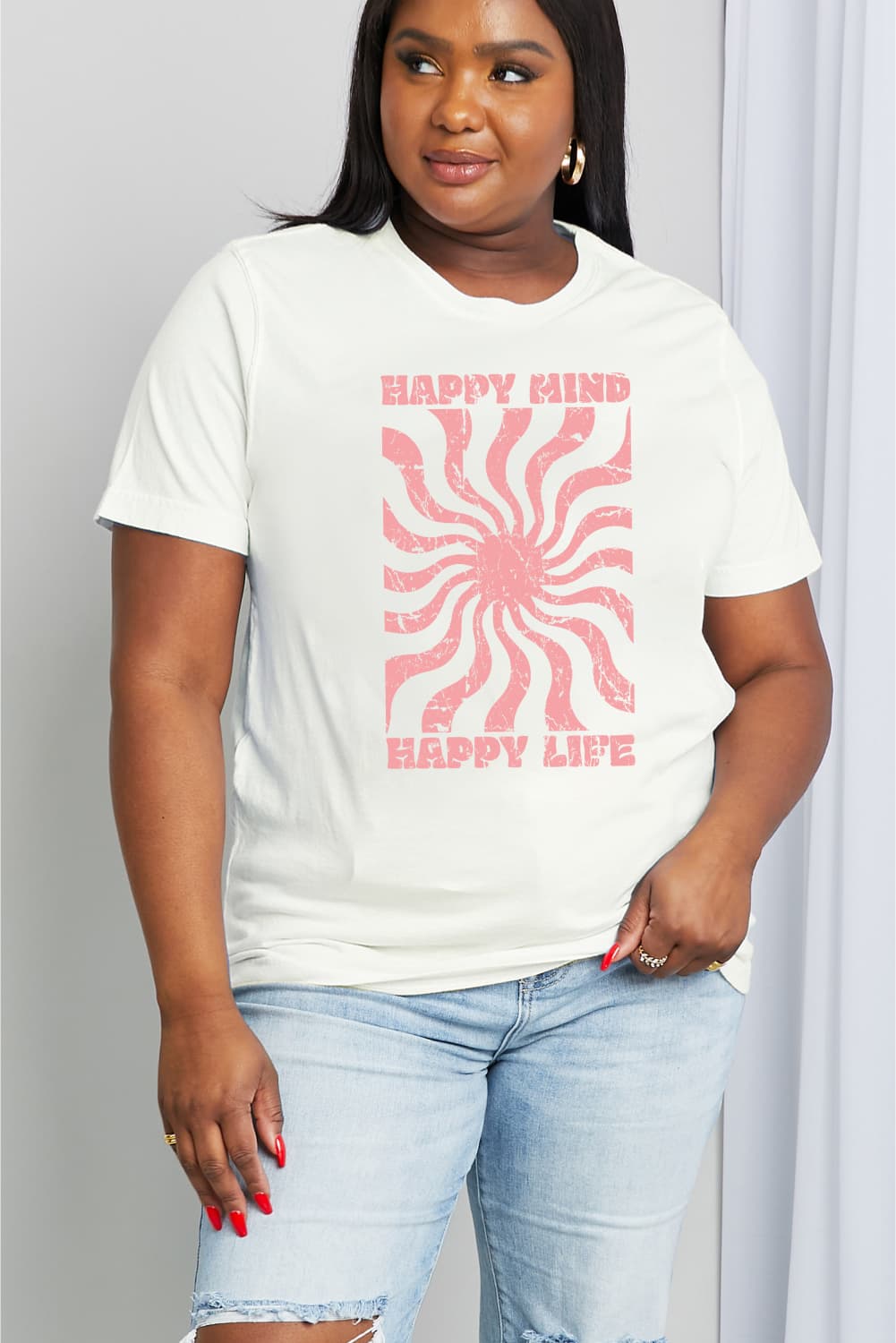 Simply Love Full Size HAPPY MIND HAPPY LIFE Graphic Cotton Tee-Jewearrings