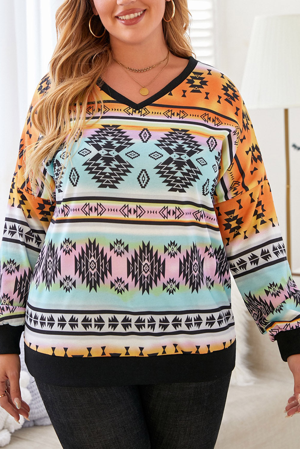 Plus Size Geometric Print V-Neck Long Sleeve Top-Jewearrings