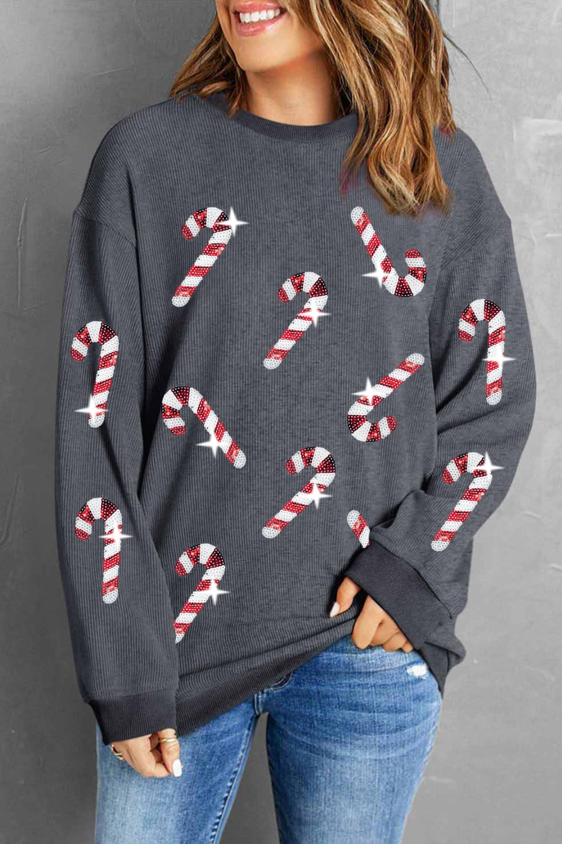 Sequin Candy Cane Round Neck Sweatshirt-Jewearrings