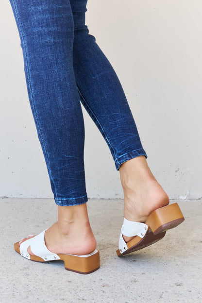 Weeboo Step Into Summer Criss Cross Wooden Clog Mule in White-Jewearrings