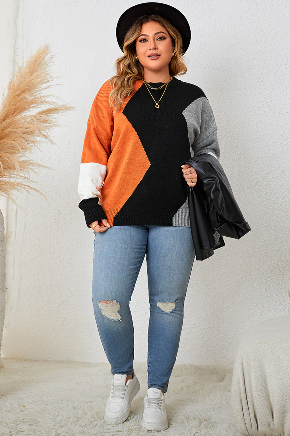 Plus Size Color Block Round Neck Knit Top-Jewearrings