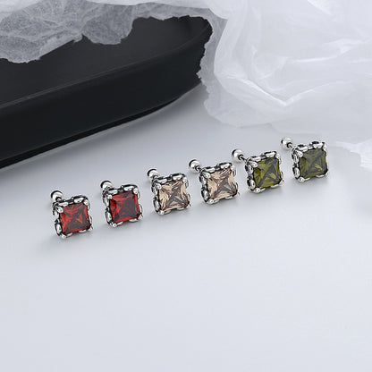 Women's Sterling Silver Square Colored Zircon Stud Earrings-Jewearrings