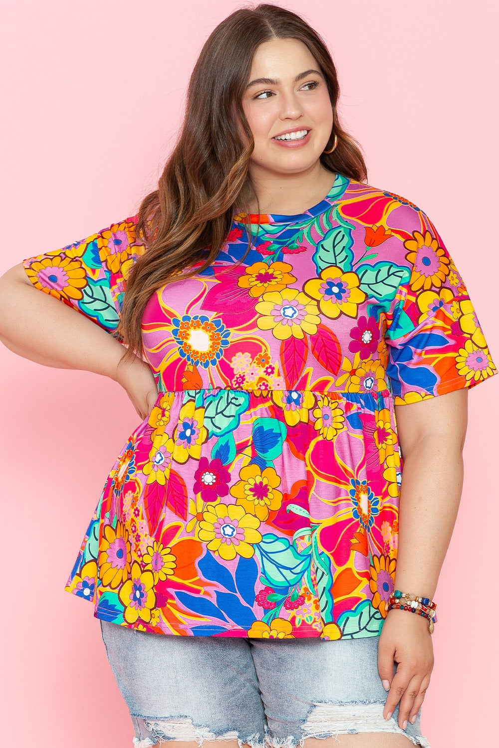 Plus Size Printed Round Neck Short Sleeve Top-Jewearrings